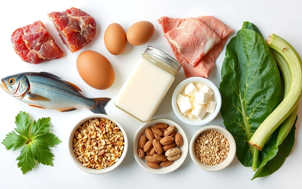 Πίνακας με τρόφιμα πλούσια σε βιταμίνες Β, όπως κρέας, αυγά, ψάρια και δημητριακά ολικής άλεσης, διατεταγμένα με ελκυστικό τρόπο