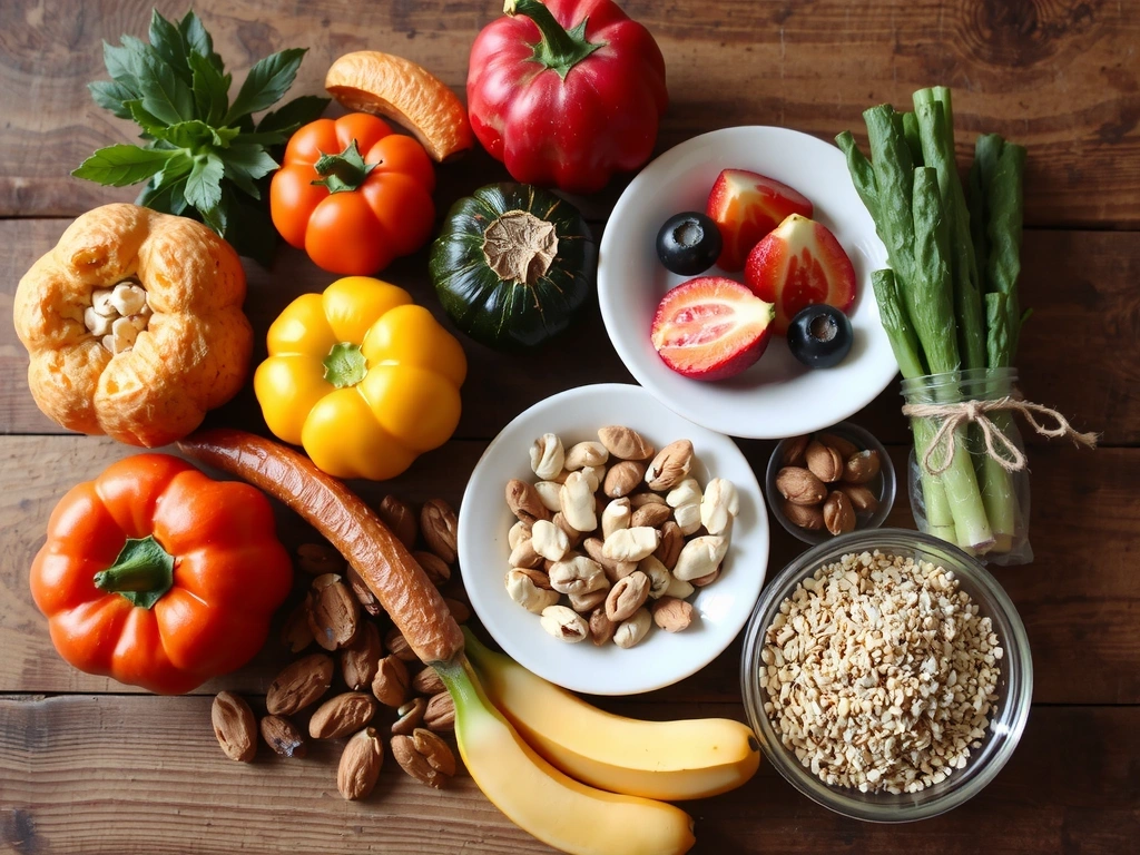 Διάφορα υγιεινά τρόφιμα, όπως φρούτα, λαχανικά, ξηροί καρποί και δημητριακά ολικής άλεσης, τοποθετημένα αρμονικά σε έναν ξύλινο πάγκο.