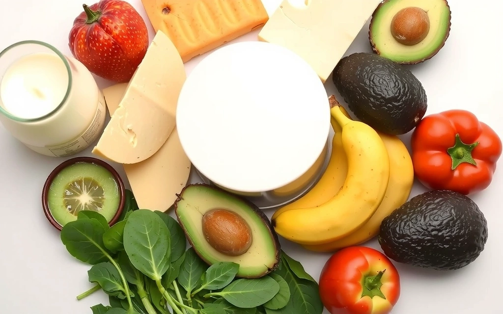 Μια οπτική αναπαράσταση μακροστοιχείων, όπως γάλα, τυρί, μπρόκολο (ασβέστιο), σπανάκι, αβοκάντο (μαγνήσιο), μπανάνα (κάλιο), όλα διατεταγμένα αρμονικά σε ένα φωτεινό φόντο.