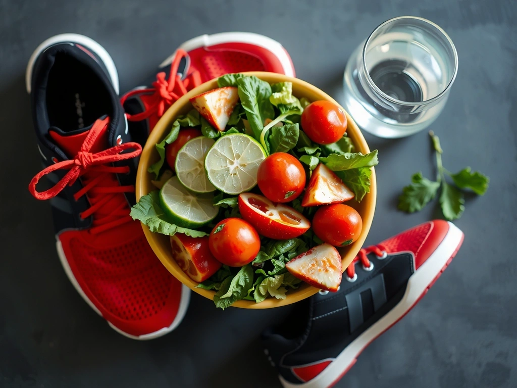 Μια ισορροπημένη σύνθεση από ένα μπολ με σαλάτα, ένα ποτήρι νερό και αθλητικά παπούτσια, συμβολίζοντας μια ολιστική προσέγγιση στην υγεία.