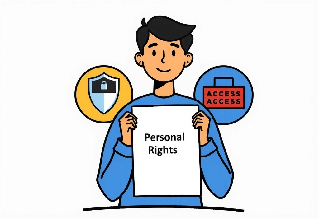 Εικονογράφηση ατόμου που κρατάει ένα χαρτί με σύμβολα δικαιωμάτων, συμβολίζοντας τον έλεγχο των προσωπικών δεδομένων.