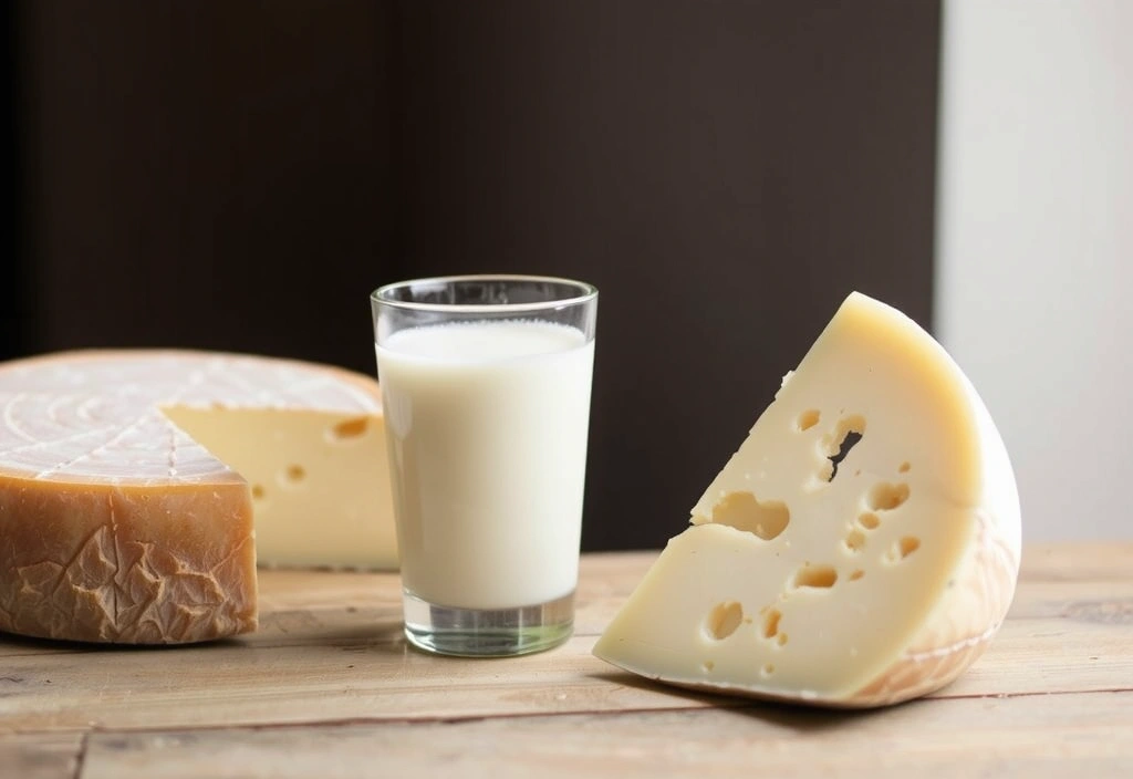 Ένα ποτήρι γάλα και ένα κομμάτι τυρί, συμβολίζοντας πηγές ασβεστίου
