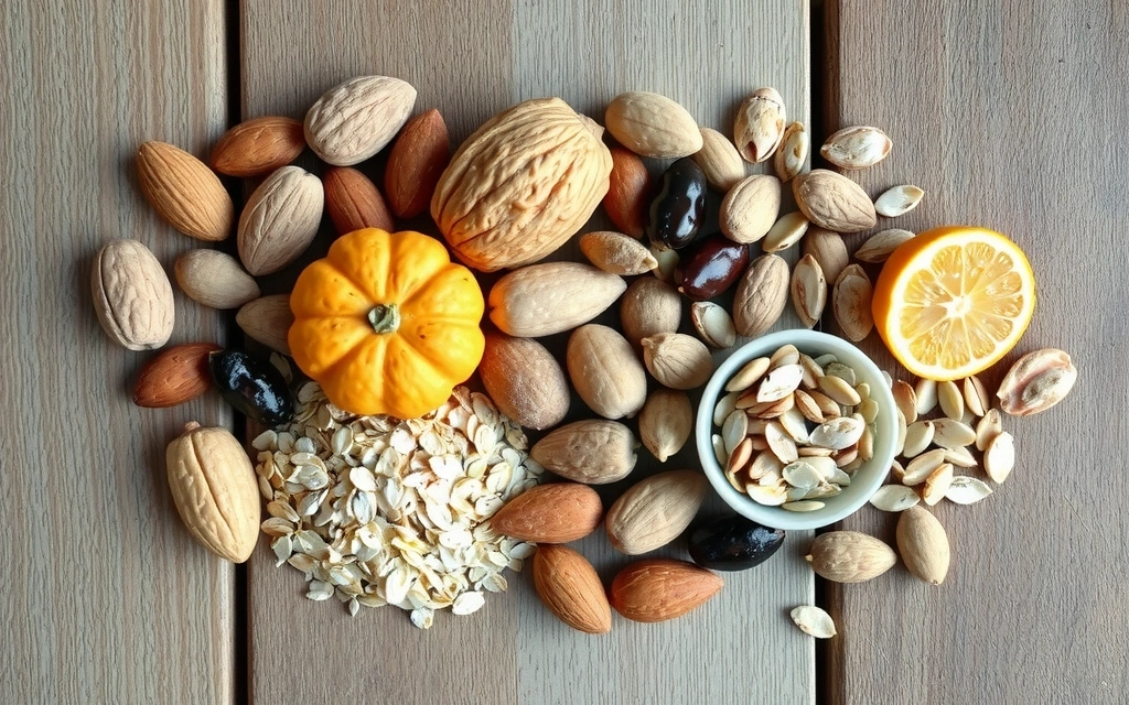 Μια σύνθεση από ξηρούς καρπούς, σπόρους και δημητριακά ολικής άλεσης, που συμβολίζουν φυσικές πηγές μετάλλων και θρεπτικών συστατικών, σε ένα ρουστίκ ξύλινο φόντο με απαλό, φυσικό φως.