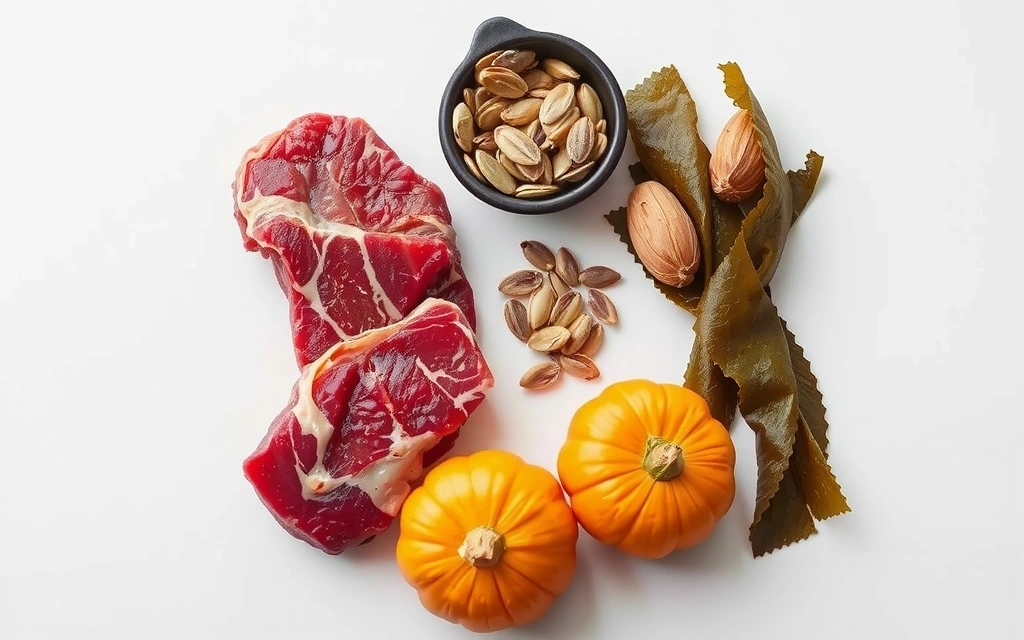 Μια οπτική αναπαράσταση ιχνοστοιχείων, όπως κόκκινο κρέας, φακές (σίδηρος), στρείδια, κολοκυθόσποροι (ψευδάργυρος), καρύδια Βραζιλίας (σελήνιο), φύκια (ιώδιο), όλα διατεταγμένα σε ένα σύγχρονο, καθαρό φόντο.