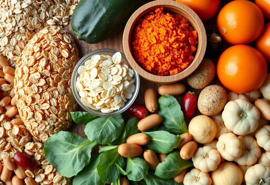 Ποικιλία δημητριακών ολικής άλεσης και φρέσκων λαχανικών που αποτελούν πλούσιες πηγές βιταμινών Β